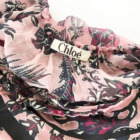CHLOE Ruffled Cactus-Print Silk Blouse, Pink/Burgandy - Picture 7 of 12